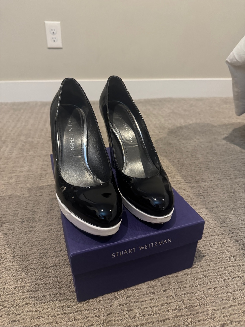 Stuart Weitzman Black Patent Platform Pumps with White Accent